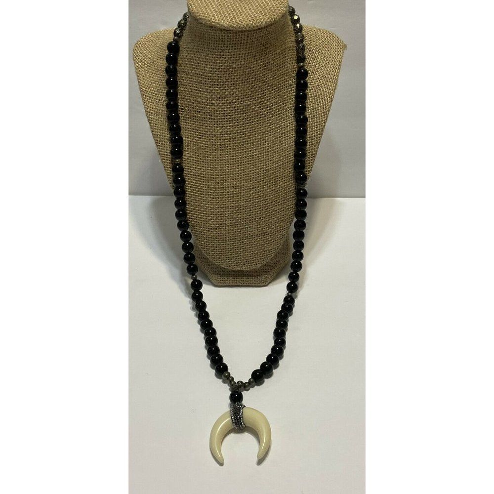 Black Stone Glass Bead Long Ox Horn Moon Pendant Necklace  Slipover
